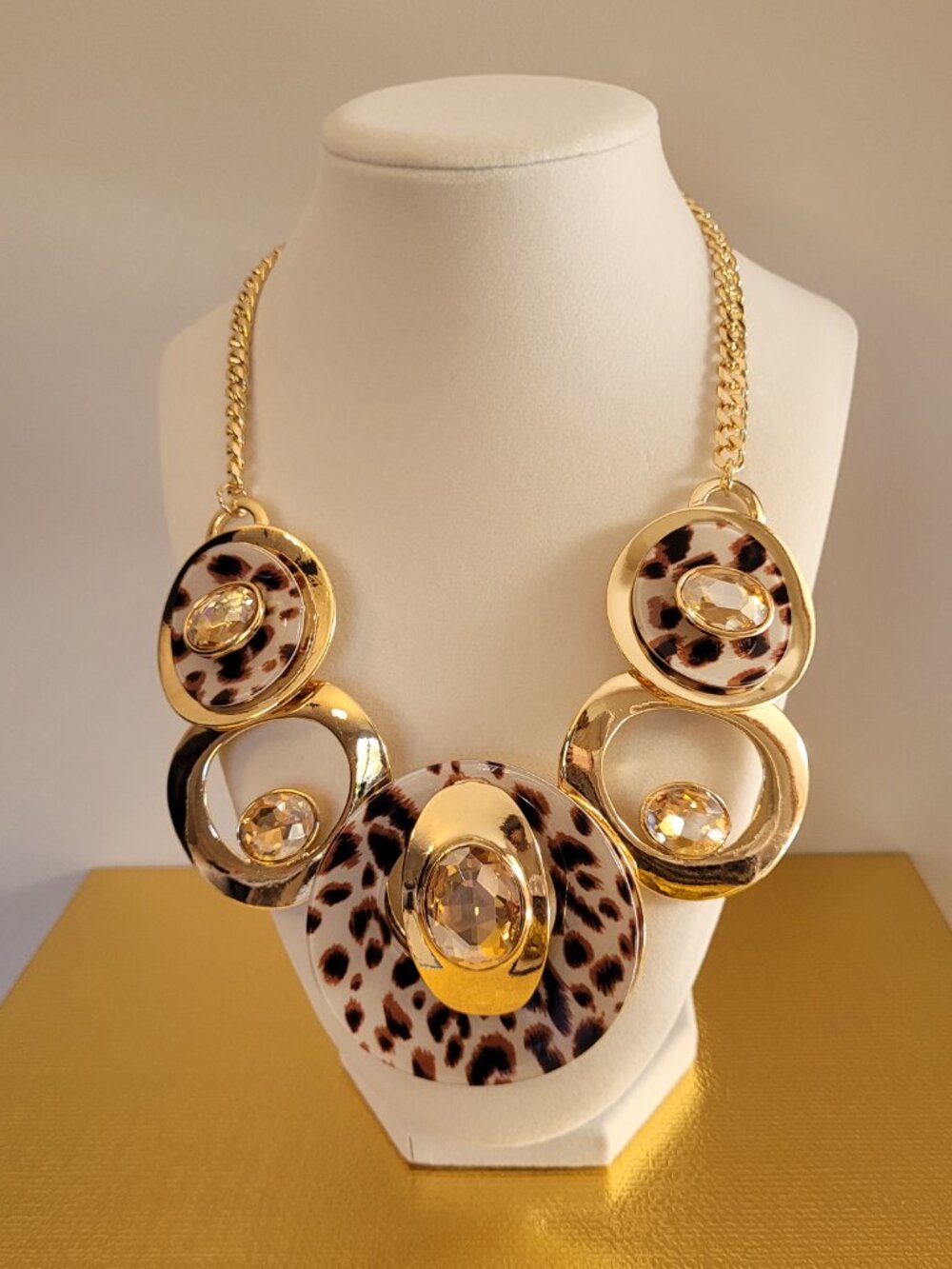 Leopard Print Statement Necklace. Gold Tone. Sparkling Crystal Accents. Natasha. - Picture 4 of 17